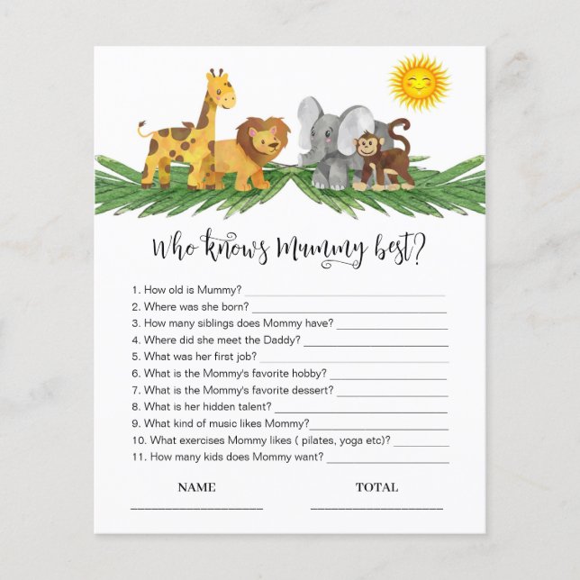 Safari Animals Who knows Mommy Best Shower Game (Front)