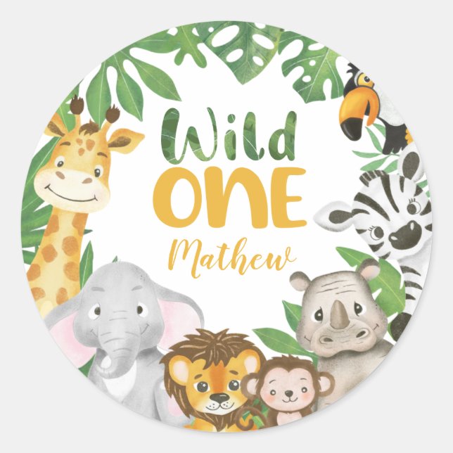 Safari Animals Wild One 1st Birthday Jungle Boy Cl Classic Round Sticker (Front)