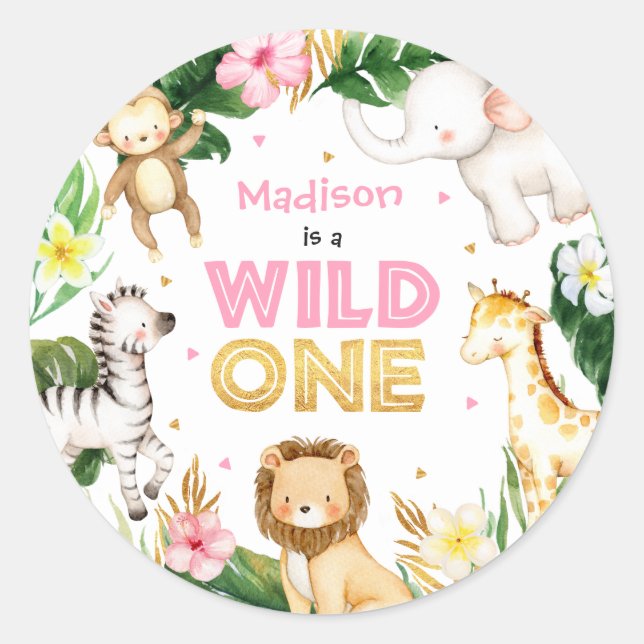 Safari Animals Wild One 1st Birthday Party Decor Classic Round Sticker (Front)