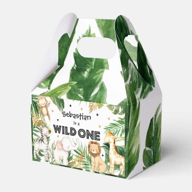 Safari Animals Wild One 1st Birthday Party Decor Favor Box (Front Side)