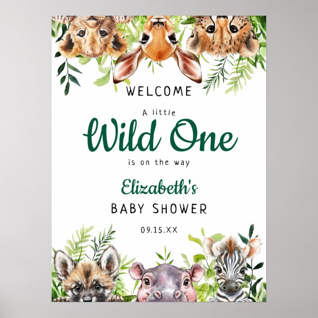 Safari Animals Wild One Baby Shower Welcome Sign (Front)