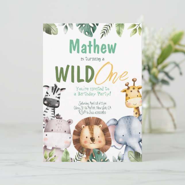 Safari Animals Wild One Birthday Invitation  (Standing Front)
