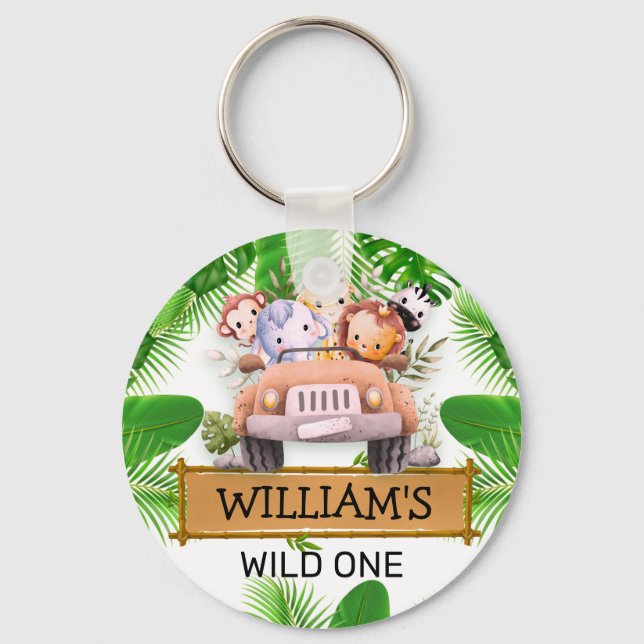 Safari Animals Wild One Birthday Keychain (Front)