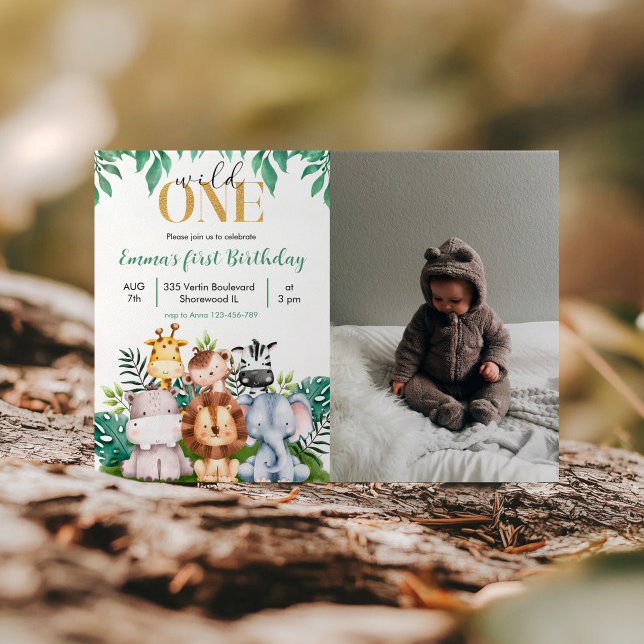 Safari Animals Wild One Birthday Photo Invitation (Creator Uploaded)