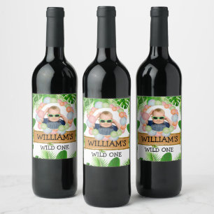 Safari Animals Wild One Birthday PHOTO Wine Label