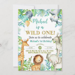 Safari animals Wild One boy 1st birthday invite. Invitation