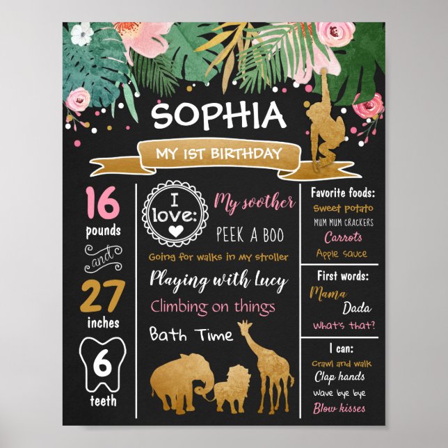 Safari Animals Wild One First Birthday Milestones Poster (Front)