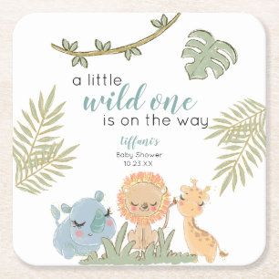 Safari Animals Wild One Girl Baby Shower Square Paper Coaster