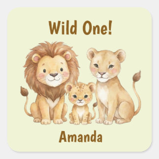 Safari Animals Wild One Personalized Name Square Sticker