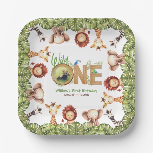 Safari Animals Wild One Photo First Birthday Wood Paper Plate (Front)