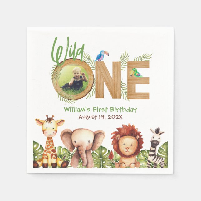 Safari Animals Wild One Photo Wood First Birthday  Napkin (Front)