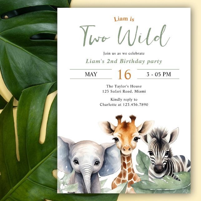 Safari Animals Wild Two 2nd Birthday Party  Invitation (Creator Uploaded)