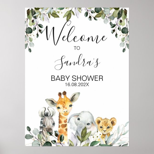 Safari Animals with Lion Baby Shower Welcome Sign (Front)