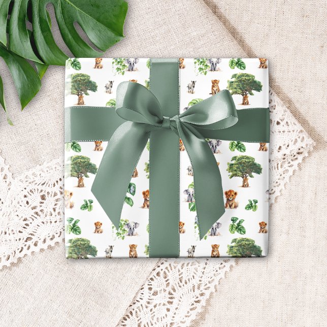 Safari Animals Wrapping Paper (Safari Jungle Pattern Zoo Animals Tiger Lion Elephant Zebra Greenery Birthday Wrapping Paper)