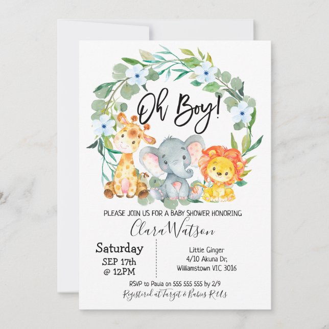 Safari Animals Wreath Baby Shower Invitation (Front)