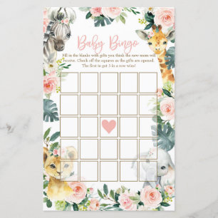 Safari Animaux Baby shower Bingo Cartes Fille