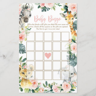 Safari Animaux Baby shower Bingo Cartes Fille