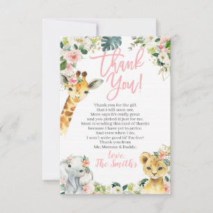 Safari Animaux Baby shower Merci Cartes Fille