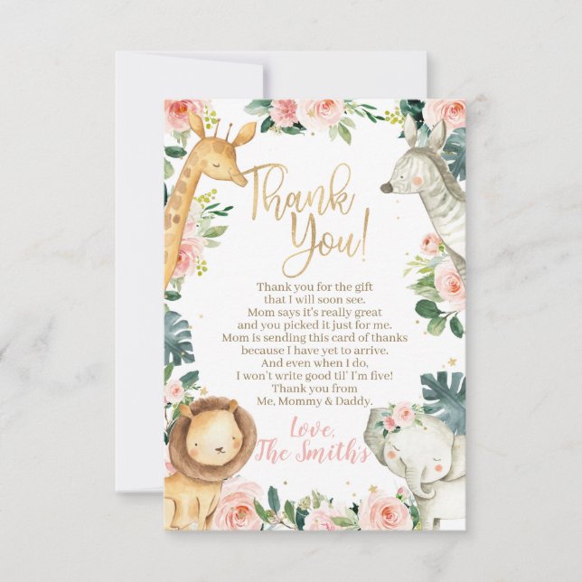 Safari Animaux Fille Baby shower Merci Cartes (Devant)