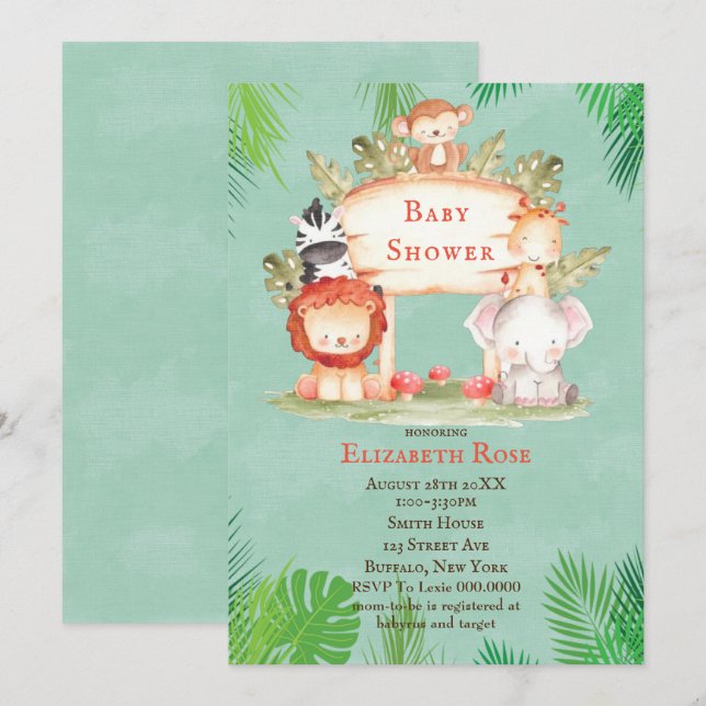 Safari Animaux | Invitation Baby shower non sexist (Devant / Derrière)