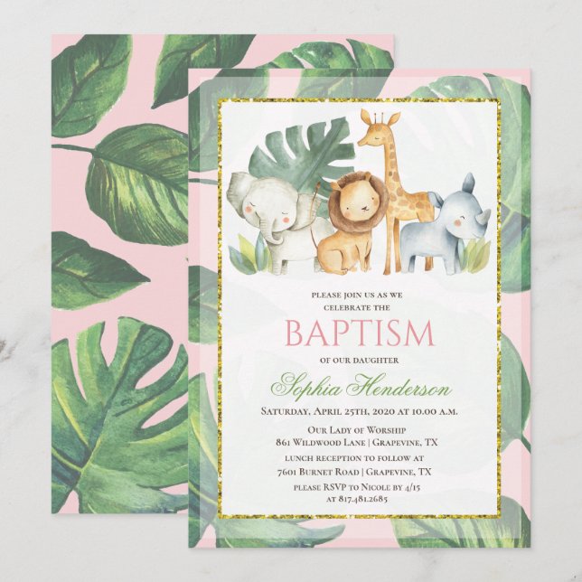 Safari Animaux Jungle Animaux Baptême Invitation (Devant / Derrière)