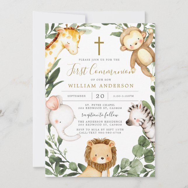 Safari Animaux Première communion Invitation (Devant)
