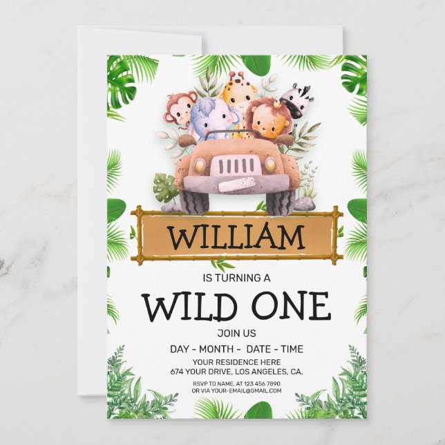 Safari Animaux Wild Un Anniversaire Invitation (Devant)