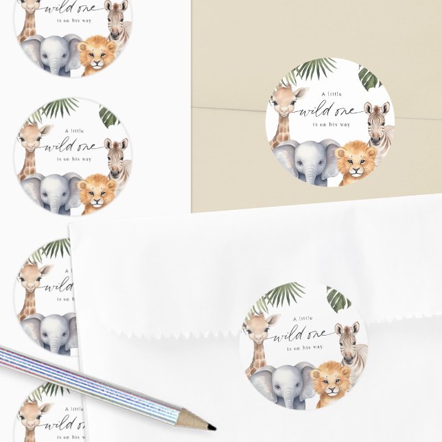 Safari Baby Animals Baby Boy Shower Seal Stickers. (Wild One Safari Animal Baby Boy Shower stickers.)
