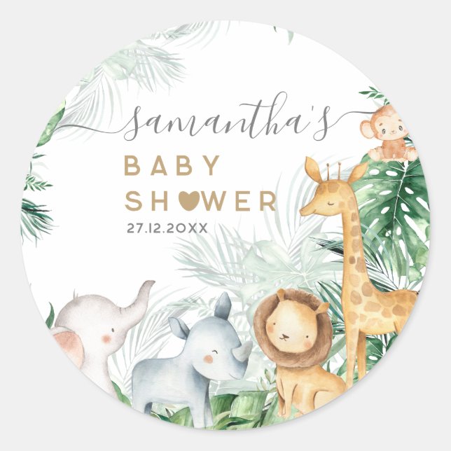 Safari Baby Animals Greenery Baby Shower  Classic Round Sticker (Front)