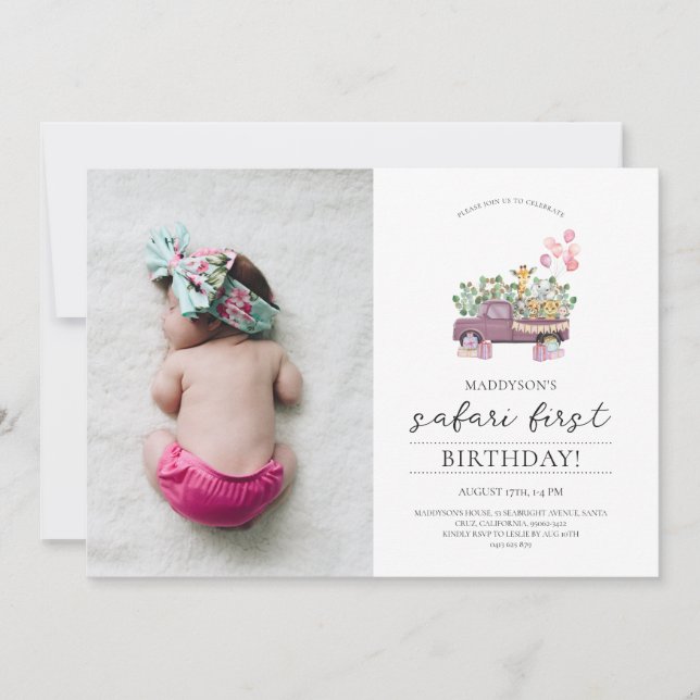 Safari Baby Animals Truck 1st Birthday Party Photo Invitation (Front)