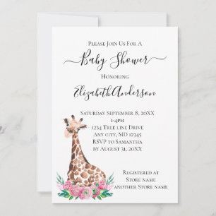 Safari Baby Giraffe with Pink Flowers Invitation