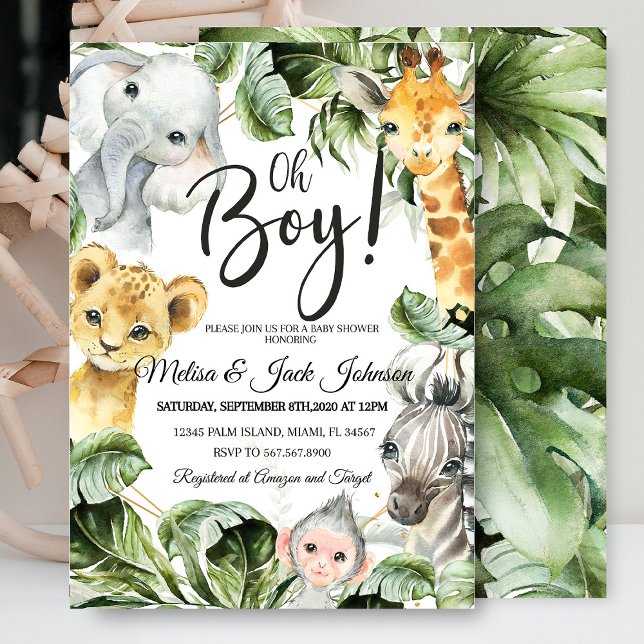 Safari baby shower baby boy shower  invitation (Safari Baby Shower Baby Boy Shower invitation with jungle animals like lions, giraffes, and elephant)