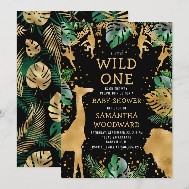 Safari Baby shower Black Gold Invitation (Devant / Derrière)