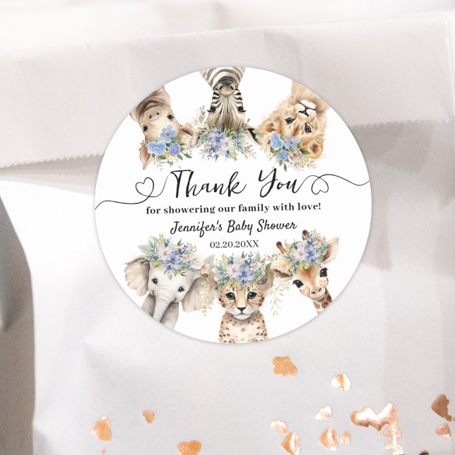 Safari Baby Shower Boy Cute Animals Classic Round Sticker (Creator Uploaded)