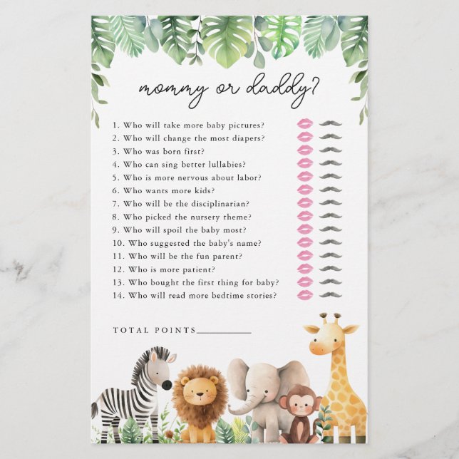 Safari Baby Shower Game - Mommy or Daddy Flyer (Front)