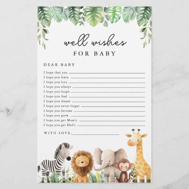 Safari Baby Shower Game - Well Wishes for Baby Flyer (Front)
