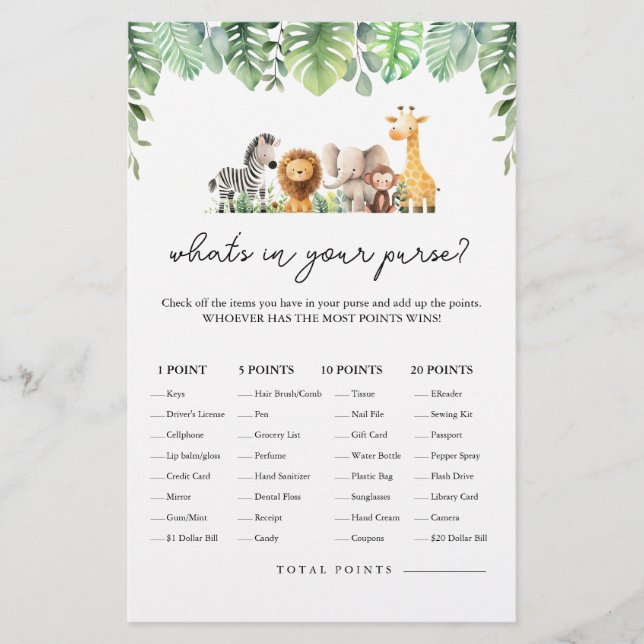 Safari Baby Shower Game - What's in Your Purse? Flyer (Front)