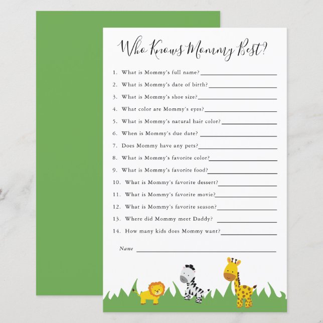 Safari Baby Shower Game Who Knows Mommy Best (Front/Back)