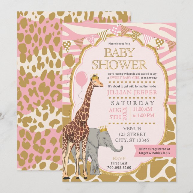 Safari Baby Shower Invitation (Girl Pink) (Front/Back)