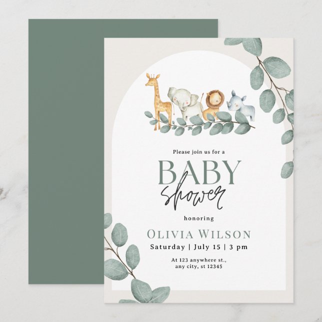 Safari Baby Shower Invite, Greenery Jungle Neutral Invitation (Front/Back)