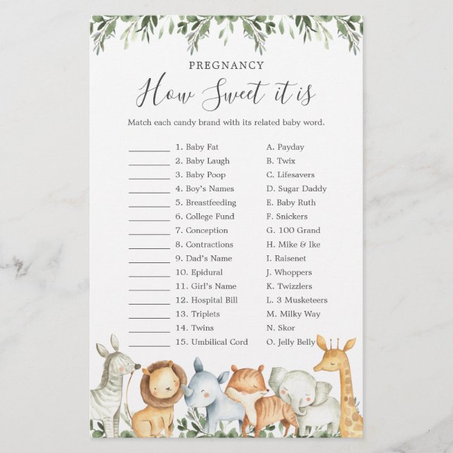 Safari Baby Shower Pregnancy How Sweet It Is Game (Front)