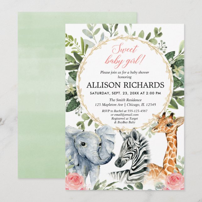 Safari baby shower Sweet baby girl jungle theme Invitation (Front/Back)