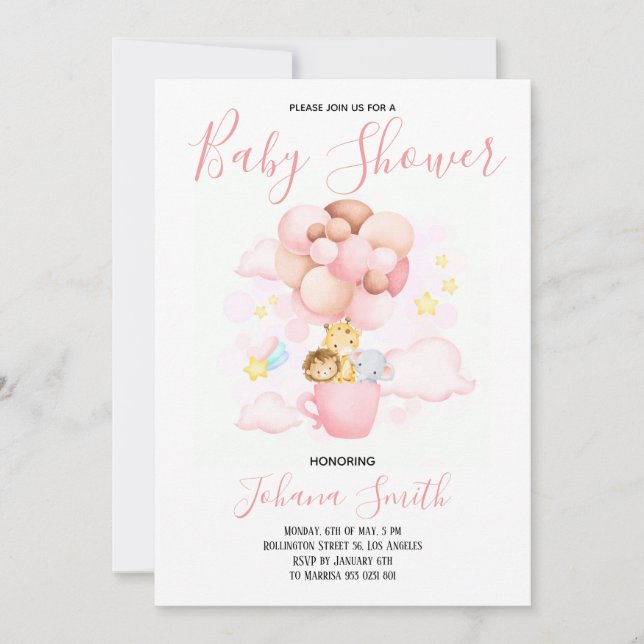 Safari Ballon Pink Cute Baby Shower Invitation (Front)