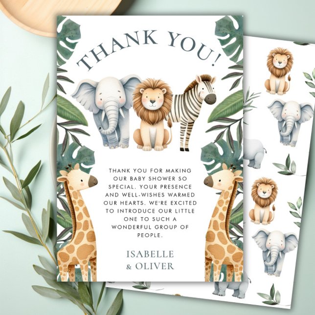 Safari Bébé Animaux et Carte de remerciements de v (Safari Baby Animals and Greenery Thank You Card)
