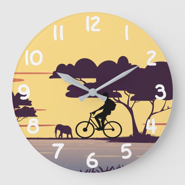 Safari Bike Ride at Sunset – Cyclist and Elephant  Large Clock (Front)