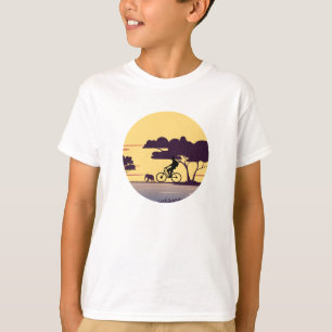 Safari Bike Ride at Sunset – Cyclist and Elephant  T-Shirt