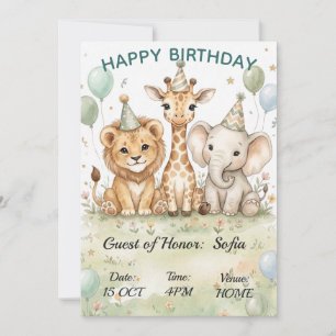 Safari Birthday Invitation - Lion Giraffe Elephant