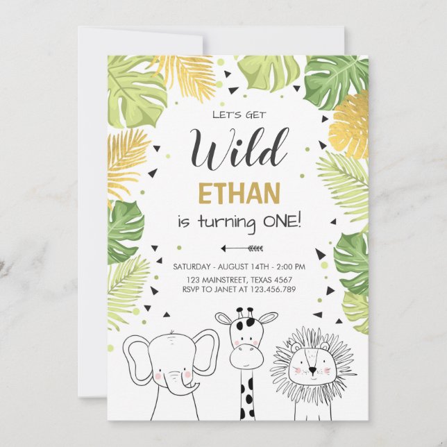 Safari Birthday Invitation Zoo Wild Jungle animals (Front)