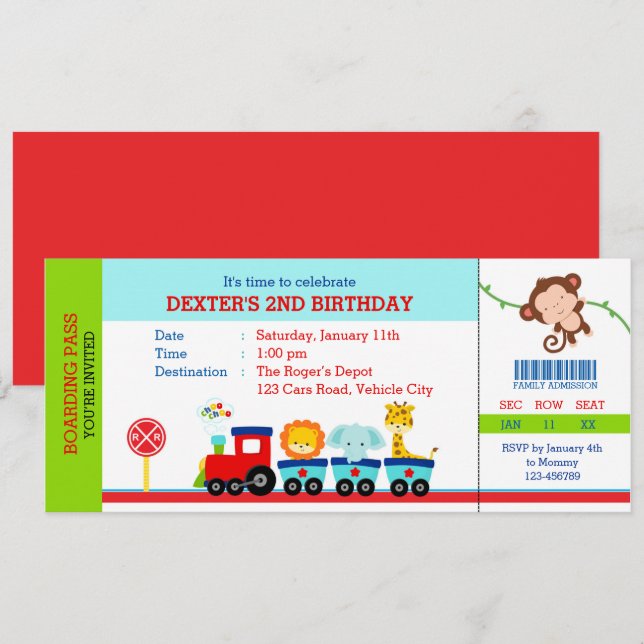 Safari Birthday Invitations (Animal Train Boys) (Front/Back)