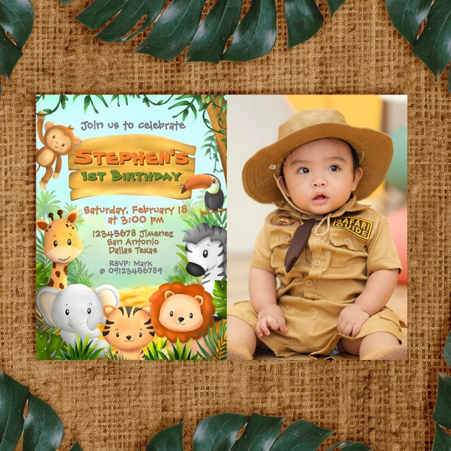 Safari Birthday with Photo Invitation (Safari Birthday Landscape Invitation with Picture)